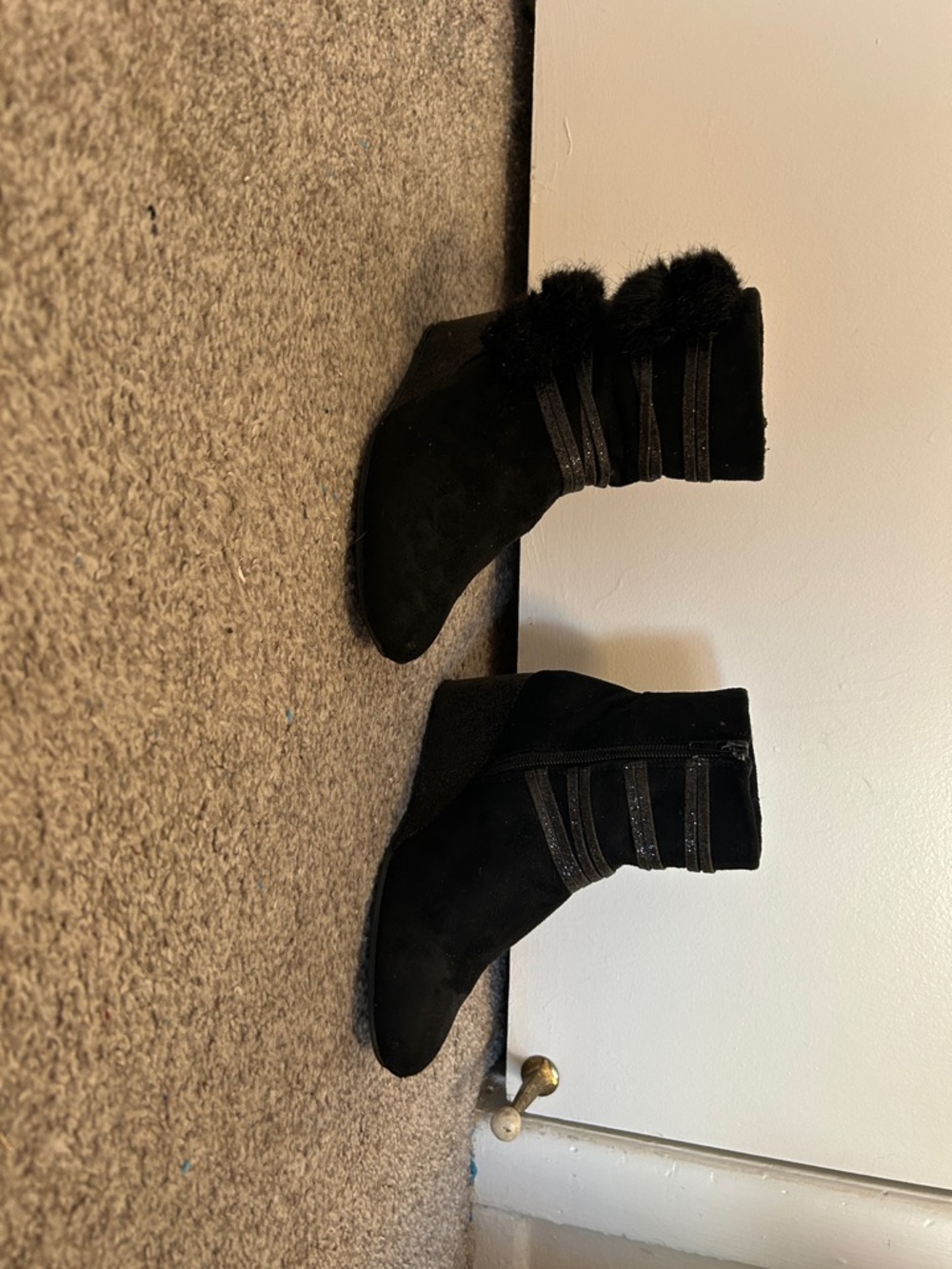 Kids Black Faux Suede Ankle Boots with side zipper and Fur Trim